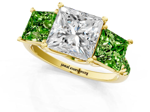 Yellow gold Three-Stone Princess Cut Diamond Ring with Round with Peridot side stone Pavé Band and Prong Setting_1