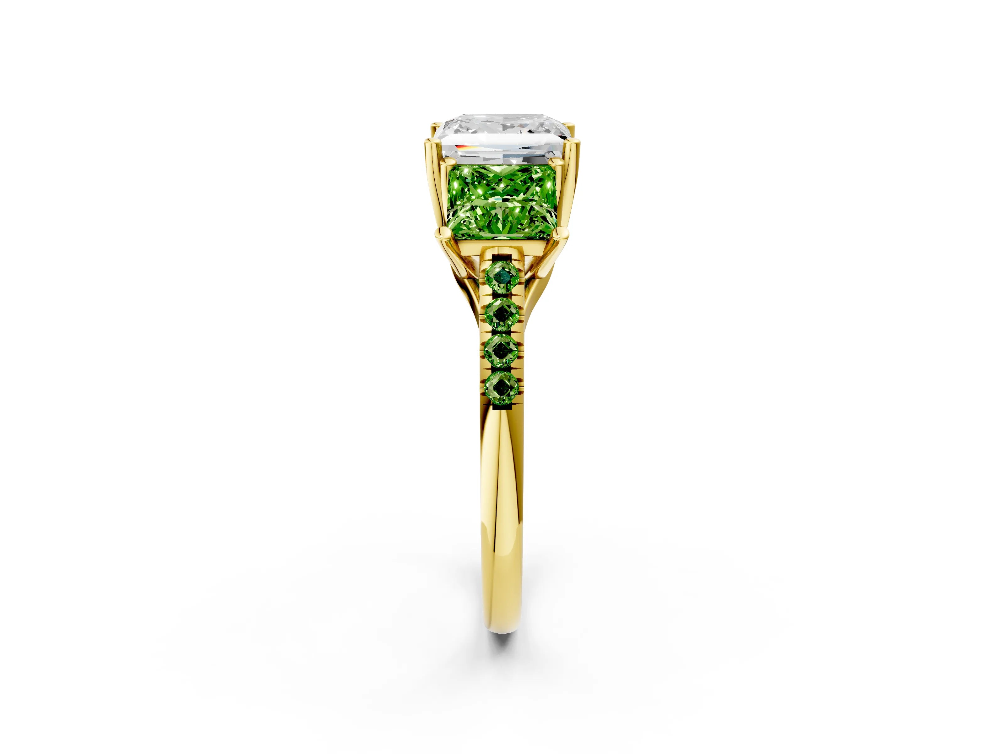 Yellow gold Three-Stone Princess Cut Diamond Ring with Round with Peridot side stone Pavé Band and Prong Setting_2