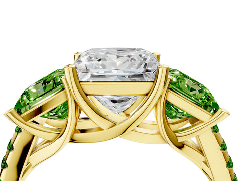 Yellow gold Three-Stone Princess Cut Diamond Ring with Round with Peridot side stone Pavé Band and Prong Setting_4