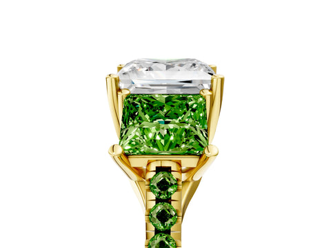 Yellow gold Three-Stone Princess Cut Diamond Ring with Round with Peridot side stone Pavé Band and Prong Setting_5