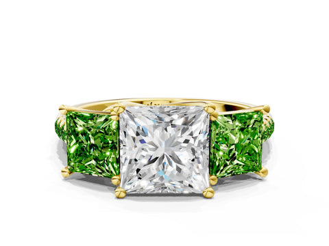 Yellow gold Three-Stone Princess Cut Diamond Ring with Round with Peridot side stone Pavé Band and Prong Setting