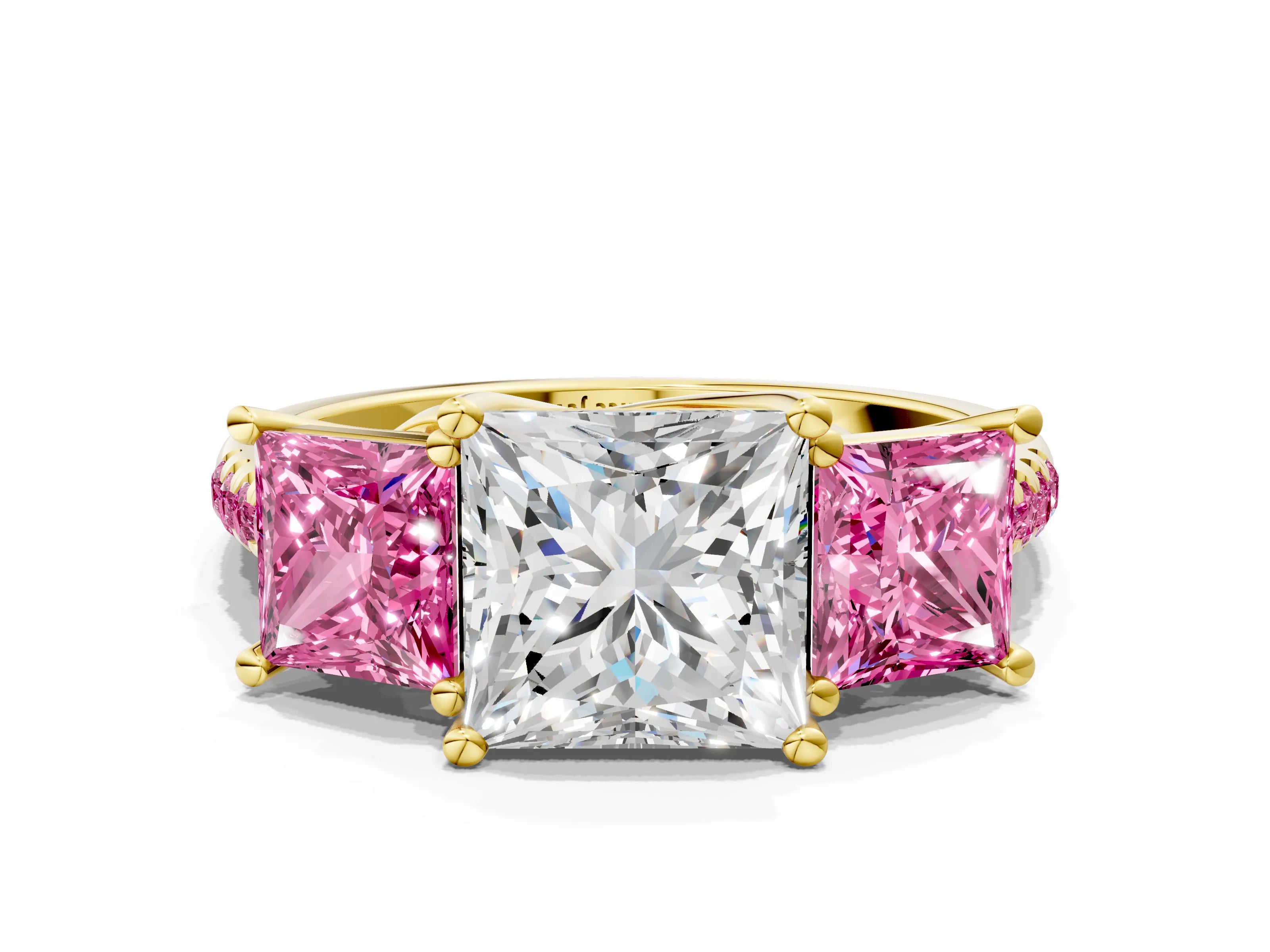 Yellow gold Three-Stone Princess Cut Diamond Ring with Round with Pink Sapphire side stone Pavé Band and Prong Setting