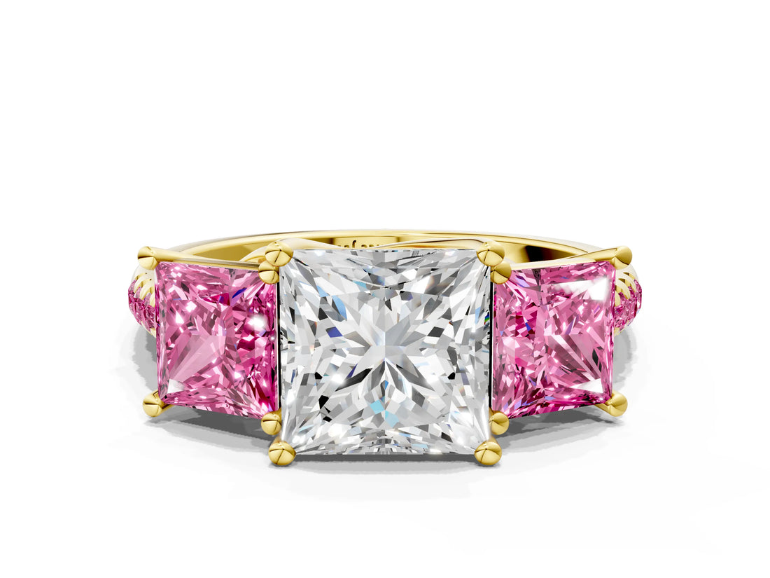 Yellow gold Three-Stone Princess Cut Diamond Ring with Round with Pink Sapphire side stone Pavé Band and Prong Setting