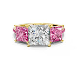 Yellow gold Three-Stone Princess Cut Diamond Ring with Round with Pink Sapphire side stone Pavé Band and Prong Setting