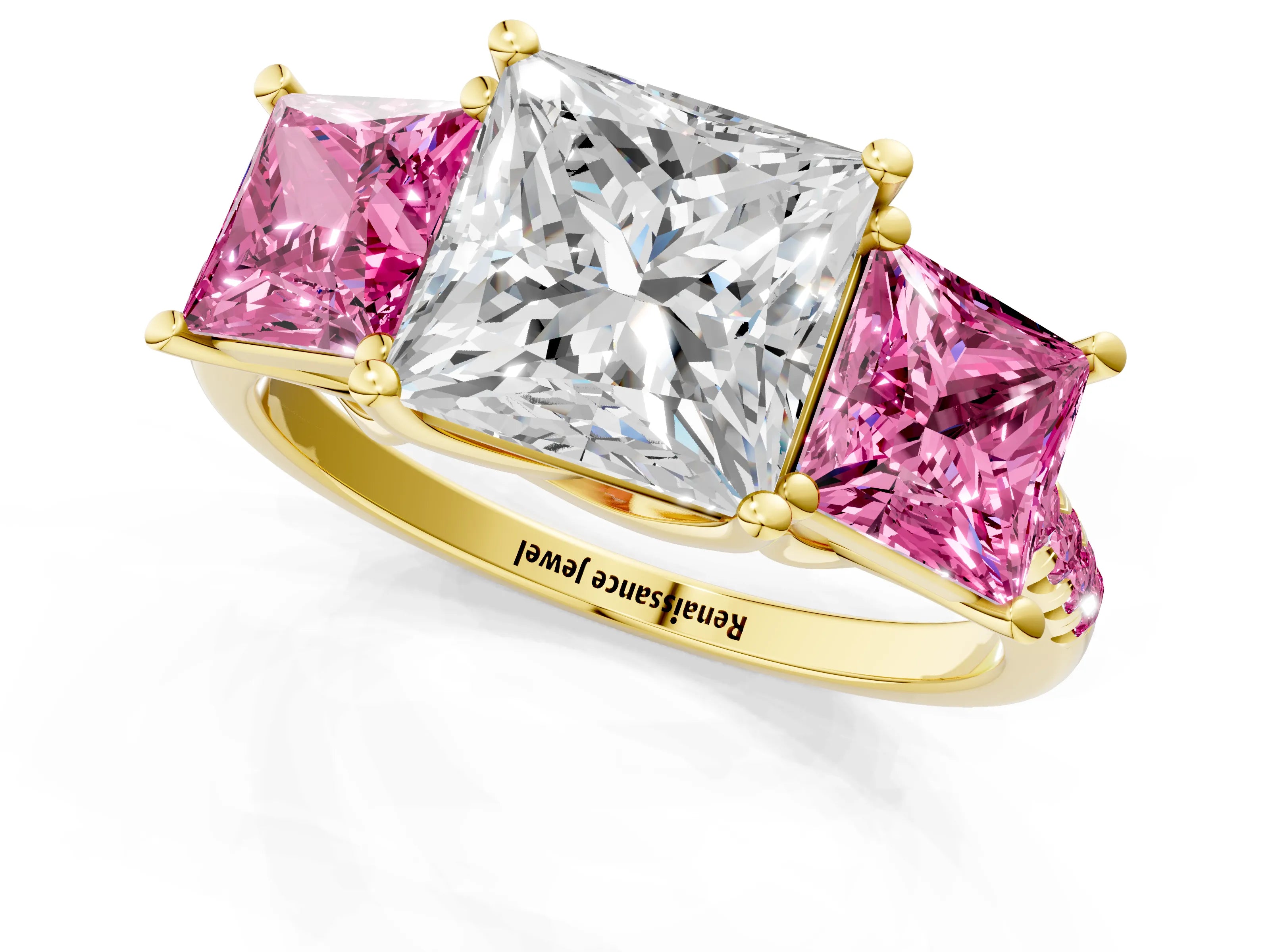 Yellow gold Three-Stone Princess Cut Diamond Ring with Round with Pink Sapphire side stone Pavé Band and Prong Setting_1