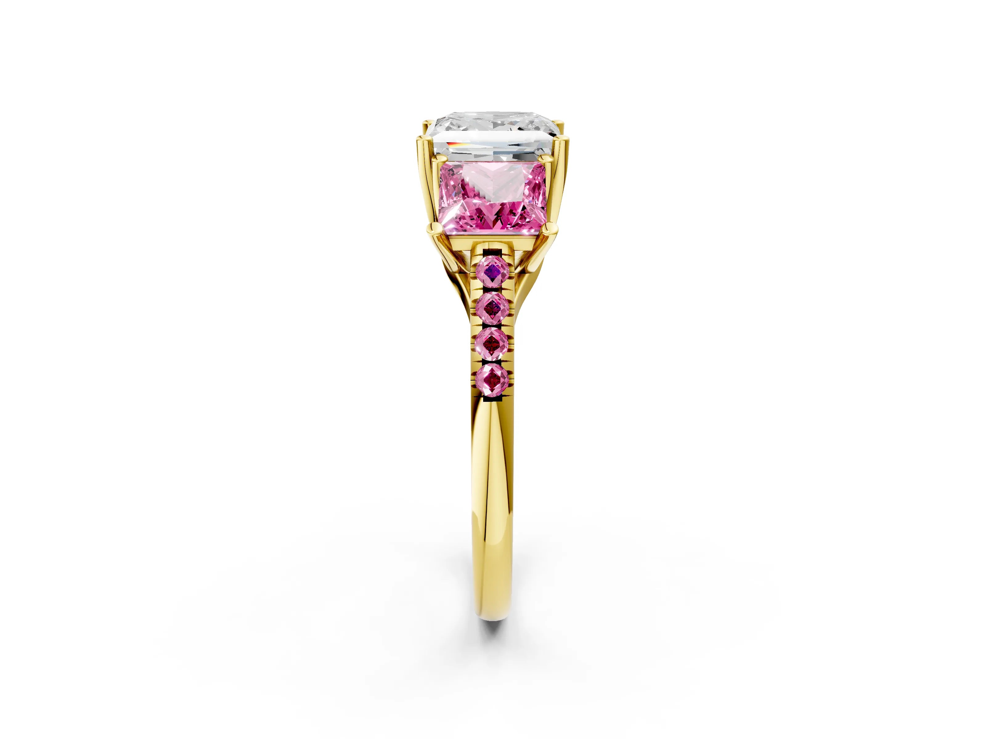 Yellow gold Three-Stone Princess Cut Diamond Ring with Round with Pink Sapphire side stone Pavé Band and Prong Setting_2