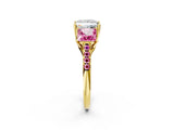 Yellow gold Three-Stone Princess Cut Diamond Ring with Round with Pink Sapphire side stone Pavé Band and Prong Setting_2