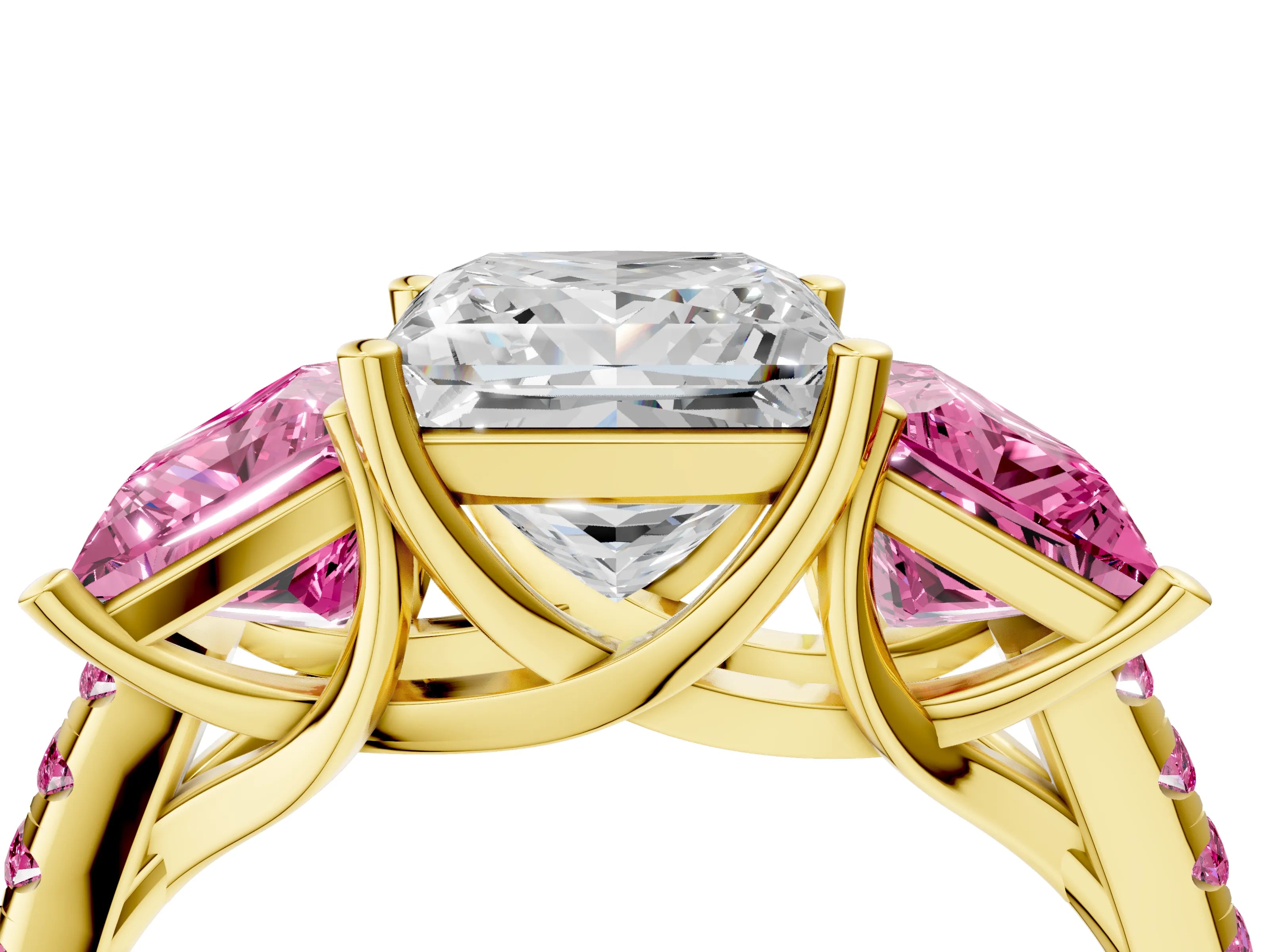 Yellow gold Three-Stone Princess Cut Diamond Ring with Round with Pink Sapphire side stone Pavé Band and Prong Setting_4