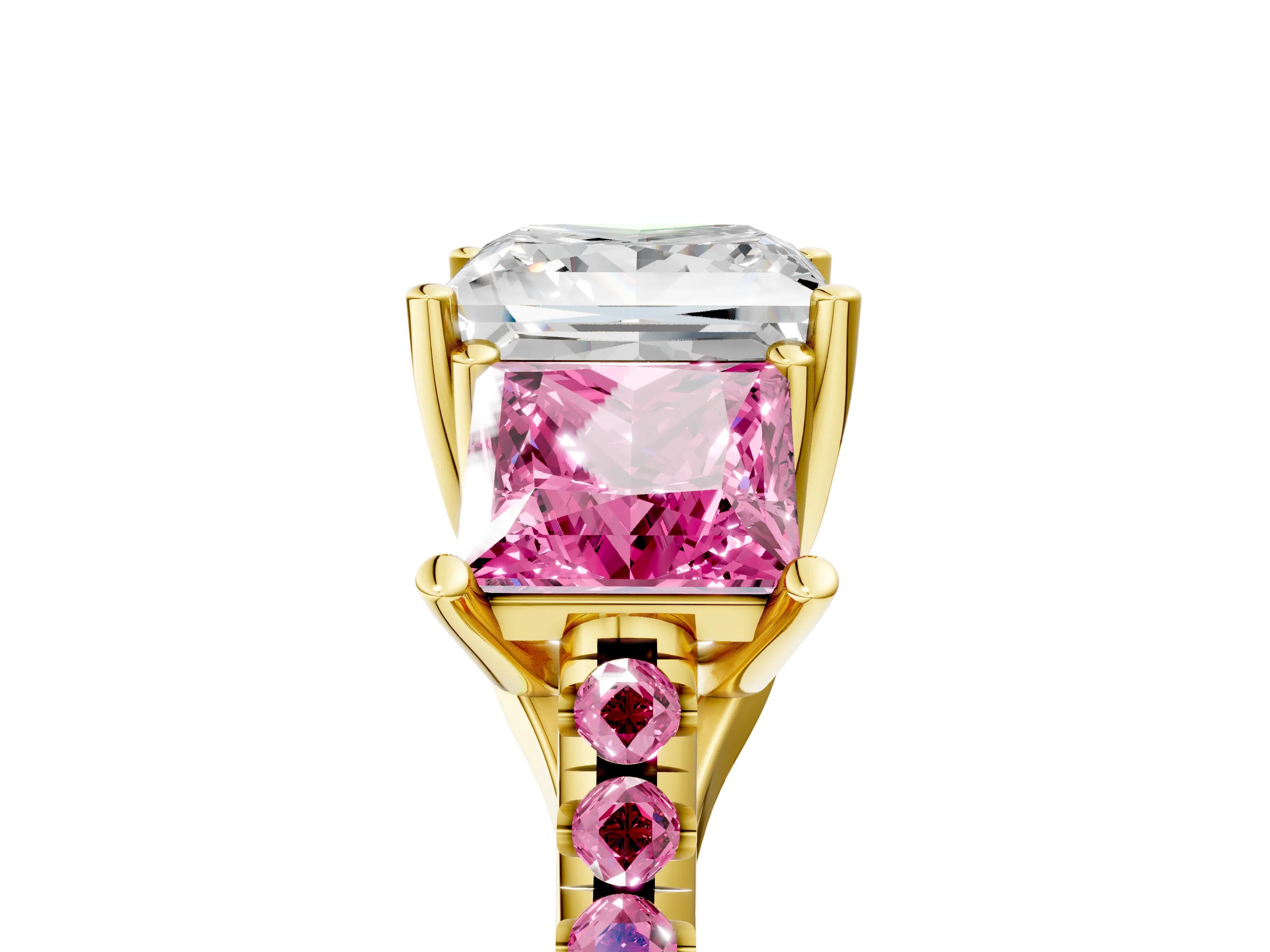 Yellow gold Three-Stone Princess Cut Diamond Ring with Round with Pink Sapphire side stone Pavé Band and Prong Setting_5