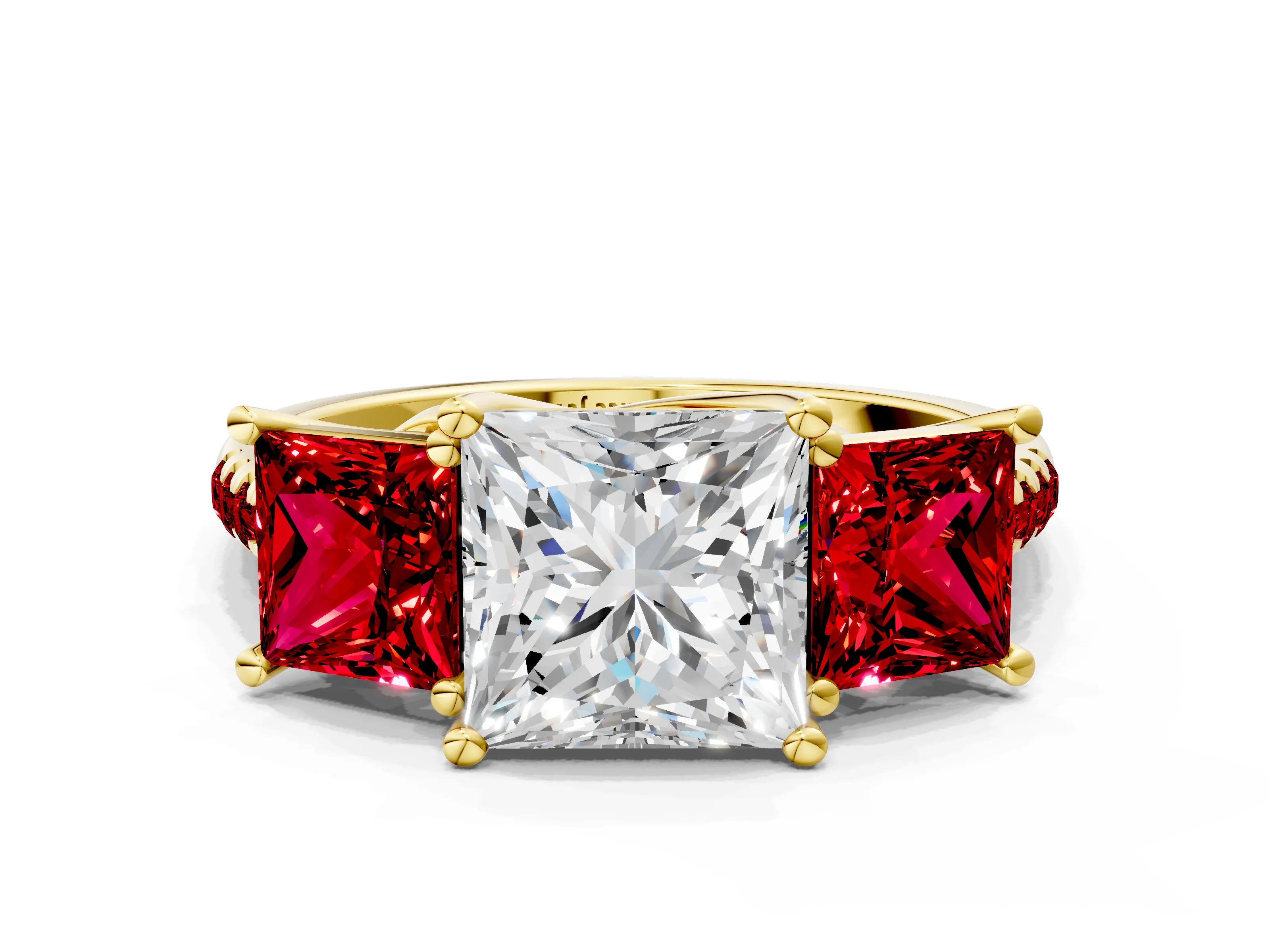 Yellow gold Three-Stone Princess Cut Diamond Ring with Round with Ruby side stone Pavé Band and Prong Setting