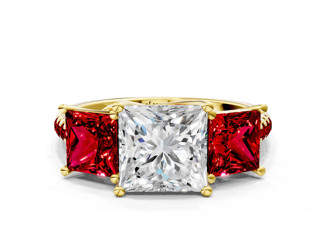 Yellow gold Three-Stone Princess Cut Diamond Ring with Round with Ruby side stone Pavé Band and Prong Setting