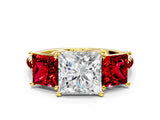 Yellow gold Three-Stone Princess Cut Diamond Ring with Round with Ruby side stone Pavé Band and Prong Setting
