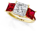 Yellow gold Three-Stone Princess Cut Diamond Ring with Round with Ruby side stone Pavé Band and Prong Setting_1