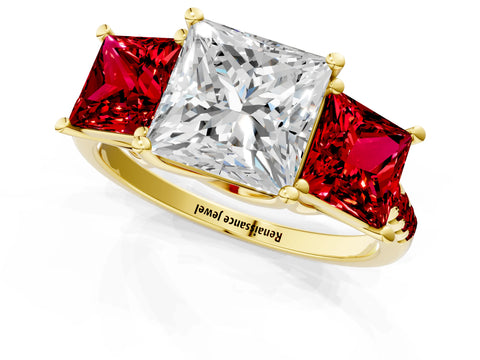 Yellow gold Three-Stone Princess Cut Diamond Ring with Round with Ruby side stone Pavé Band and Prong Setting_1