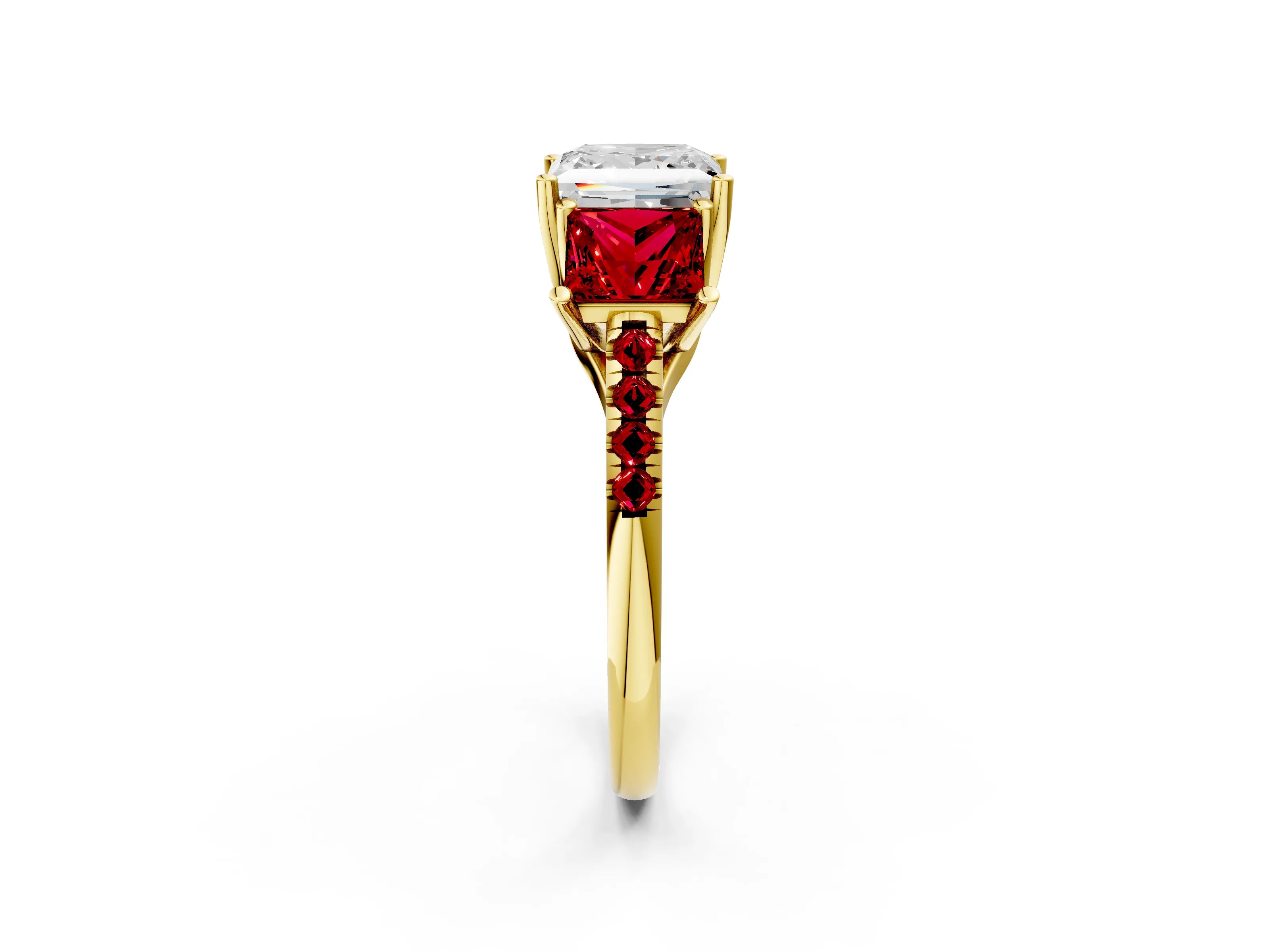 Yellow gold Three-Stone Princess Cut Diamond Ring with Round with Ruby side stone Pavé Band and Prong Setting_2