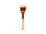 Yellow gold Three-Stone Princess Cut Diamond Ring with Round with Ruby side stone Pavé Band and Prong Setting_2