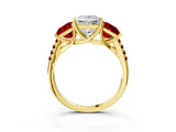 Yellow gold Three-Stone Princess Cut Diamond Ring with Round with Ruby side stone Pavé Band and Prong Setting_3