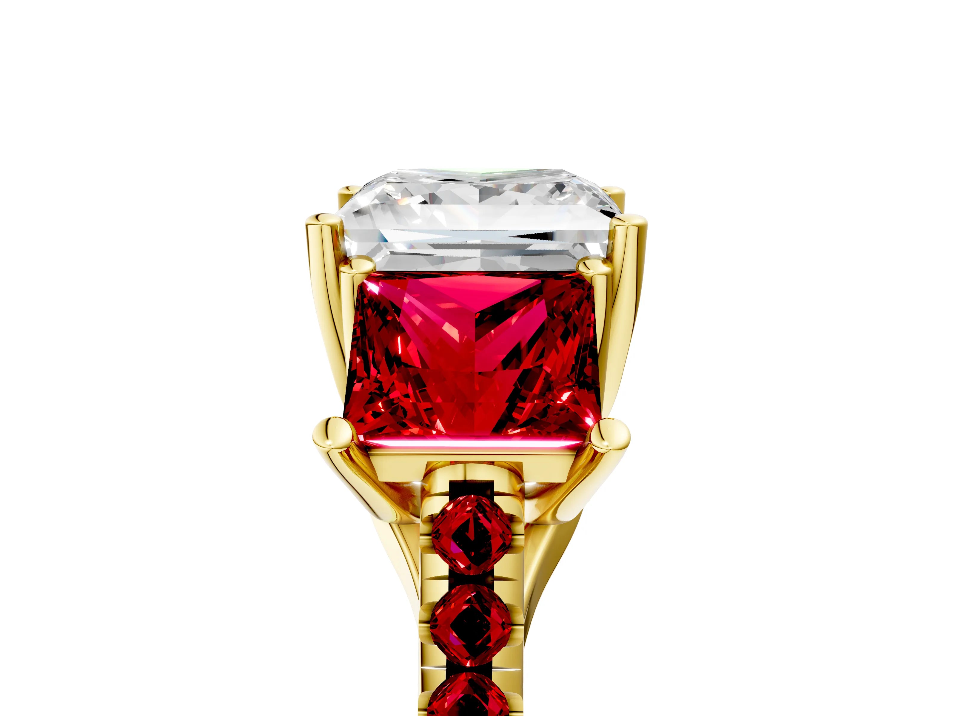 Yellow gold Three-Stone Princess Cut Diamond Ring with Round with Ruby side stone Pavé Band and Prong Setting_5