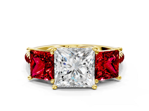 Yellow gold Three-Stone Princess Cut Diamond Ring with Round with Ruby side stone Pavé Band and Prong Setting