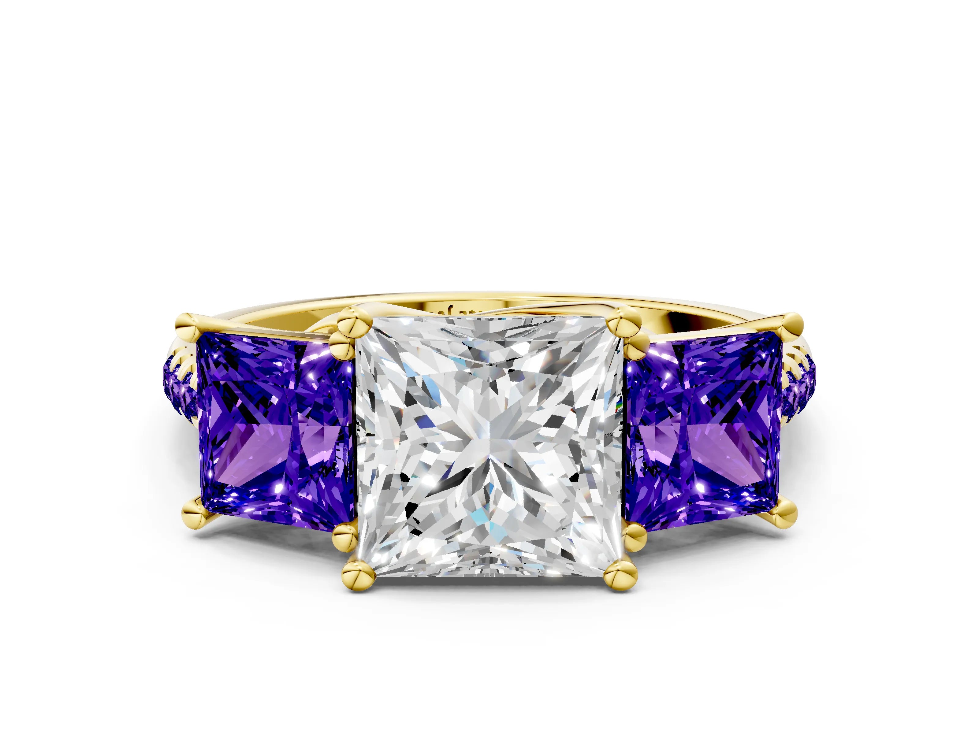 Yellow gold Three-Stone Princess Cut Diamond Ring with Round with Tanzanite side stone Pavé Band and Prong Setting