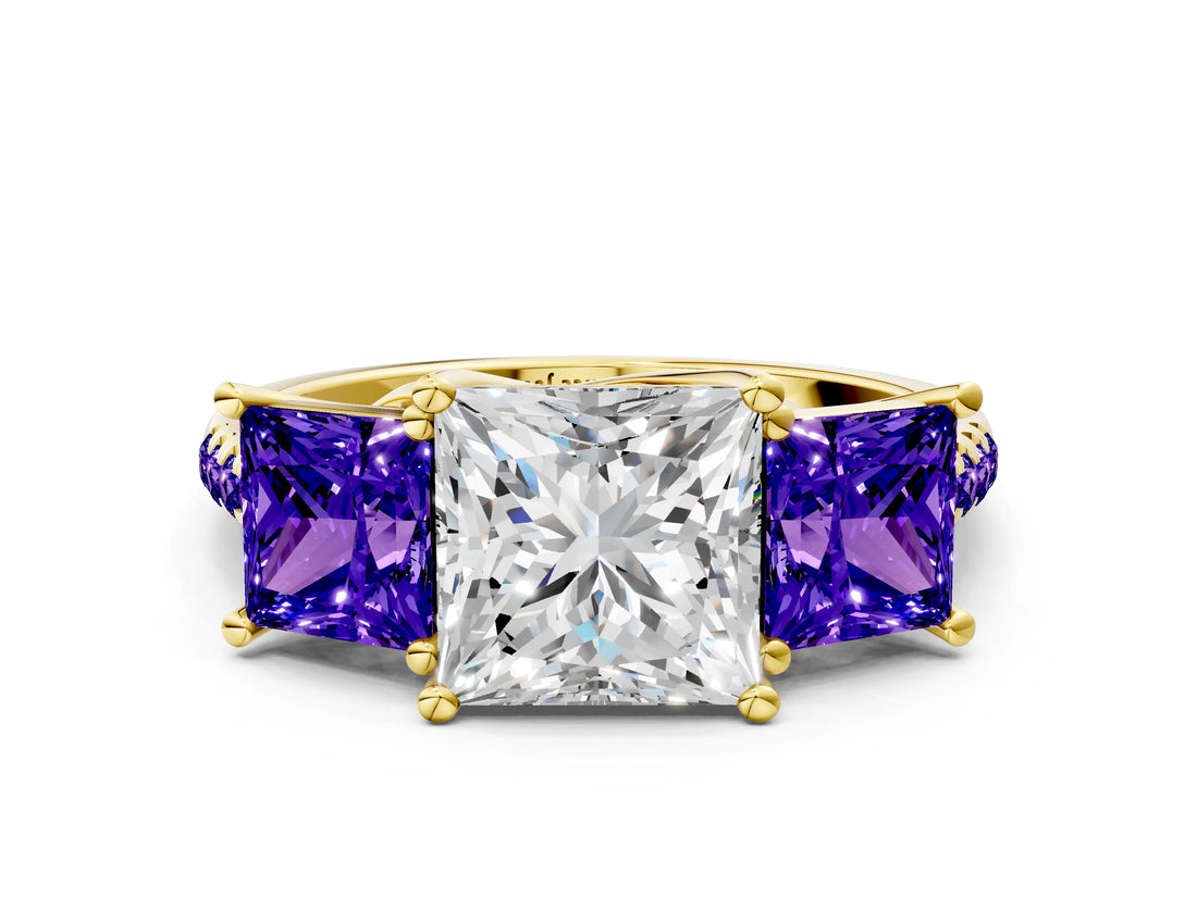 Yellow gold Three-Stone Princess Cut Diamond Ring with Round with Tanzanite side stone Pavé Band and Prong Setting