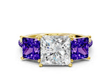 Yellow gold Three-Stone Princess Cut Diamond Ring with Round with Tanzanite side stone Pavé Band and Prong Setting