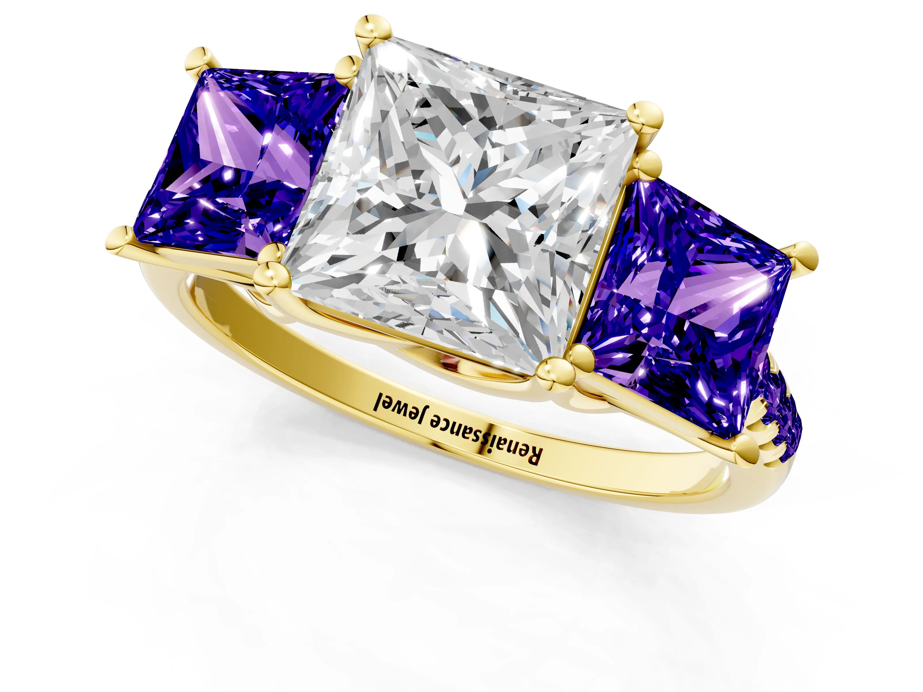 Yellow gold Three-Stone Princess Cut Diamond Ring with Round with Tanzanite side stone Pavé Band and Prong Setting_1