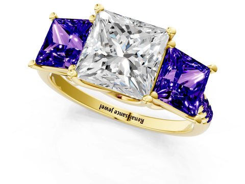 Yellow gold Three-Stone Princess Cut Diamond Ring with Round with Tanzanite side stone Pavé Band and Prong Setting_1