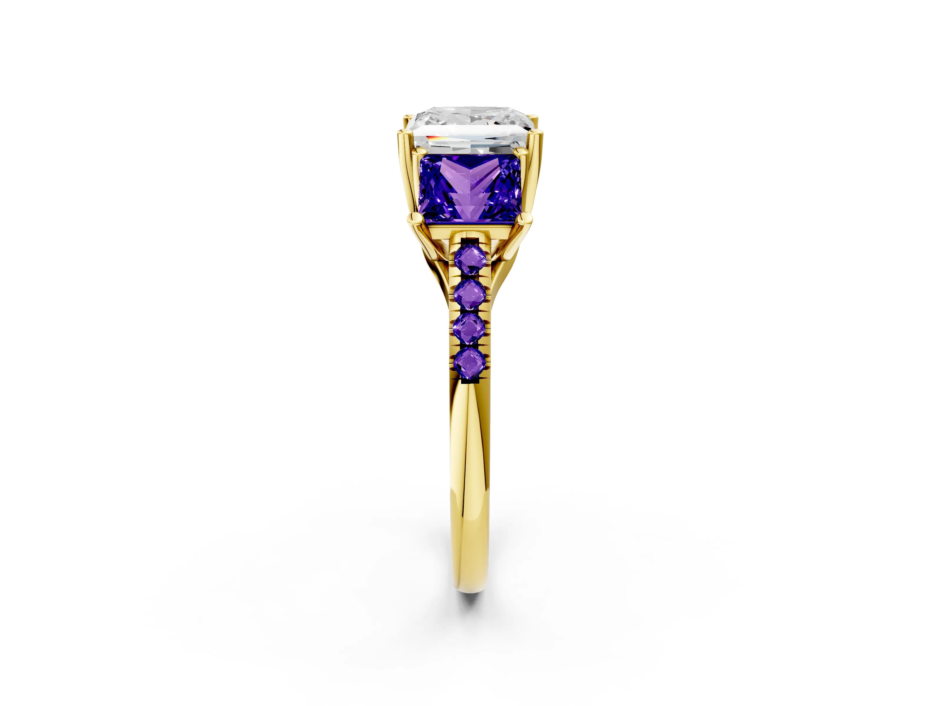 Yellow gold Three-Stone Princess Cut Diamond Ring with Round with Tanzanite side stone Pavé Band and Prong Setting_2