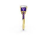 Yellow gold Three-Stone Princess Cut Diamond Ring with Round with Tanzanite side stone Pavé Band and Prong Setting_2