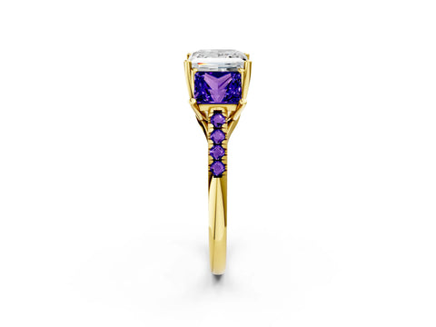 Yellow gold Three-Stone Princess Cut Diamond Ring with Round with Tanzanite side stone Pavé Band and Prong Setting_2