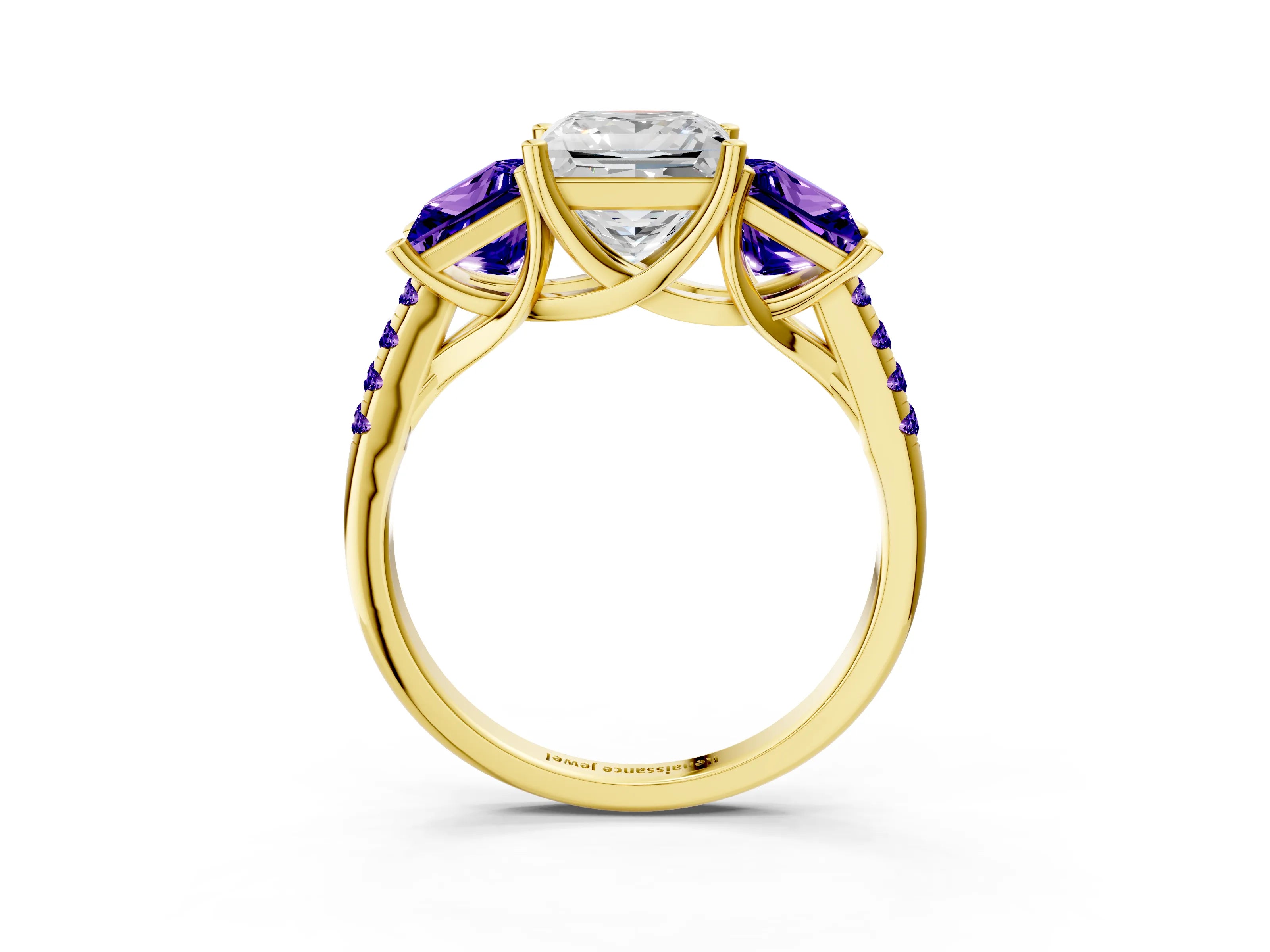 Yellow gold Three-Stone Princess Cut Diamond Ring with Round with Tanzanite side stone Pavé Band and Prong Setting_3