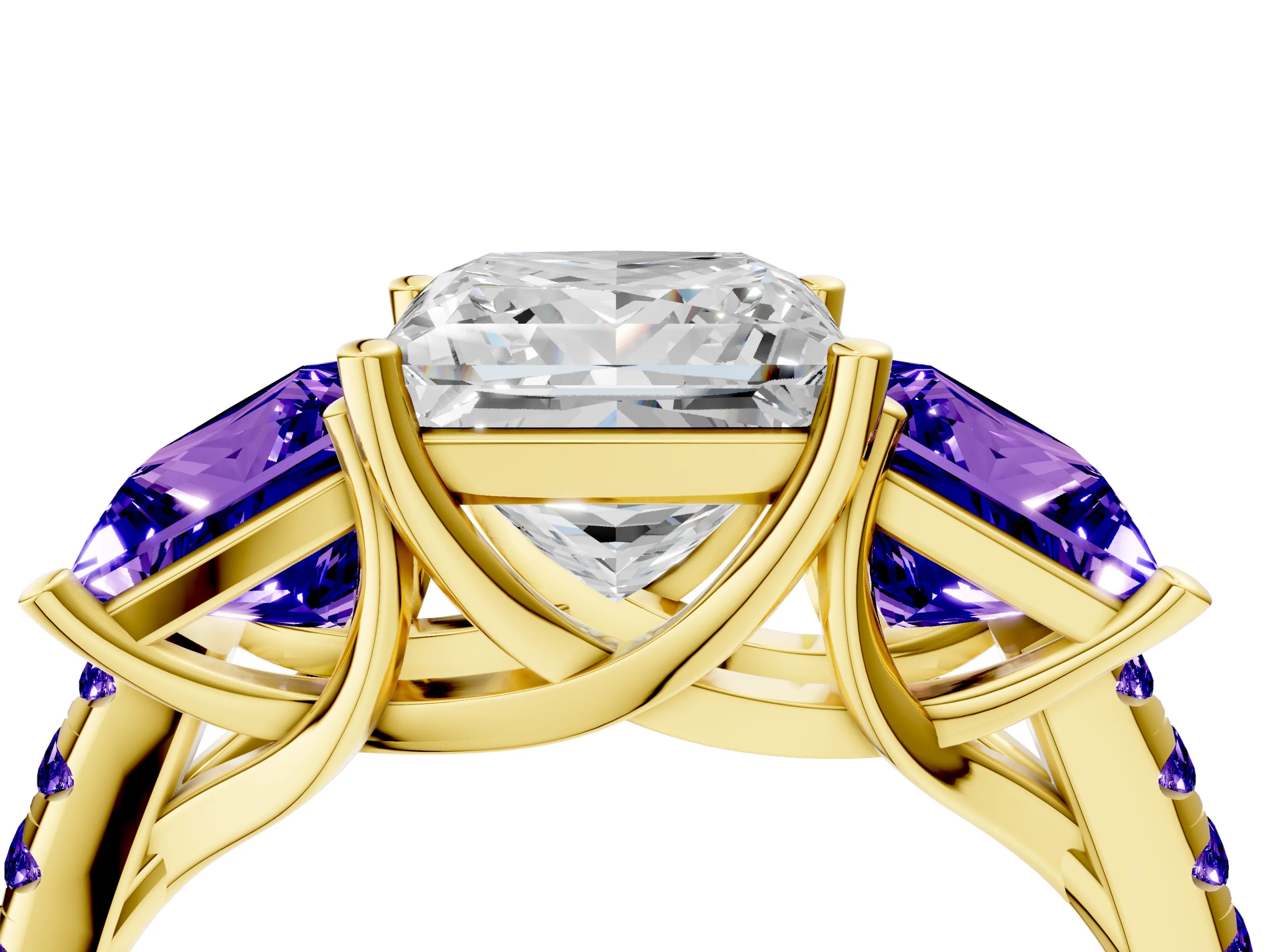 Yellow gold Three-Stone Princess Cut Diamond Ring with Round with Tanzanite side stone Pavé Band and Prong Setting_4