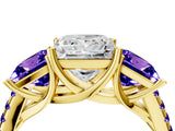 Yellow gold Three-Stone Princess Cut Diamond Ring with Round with Tanzanite side stone Pavé Band and Prong Setting_4