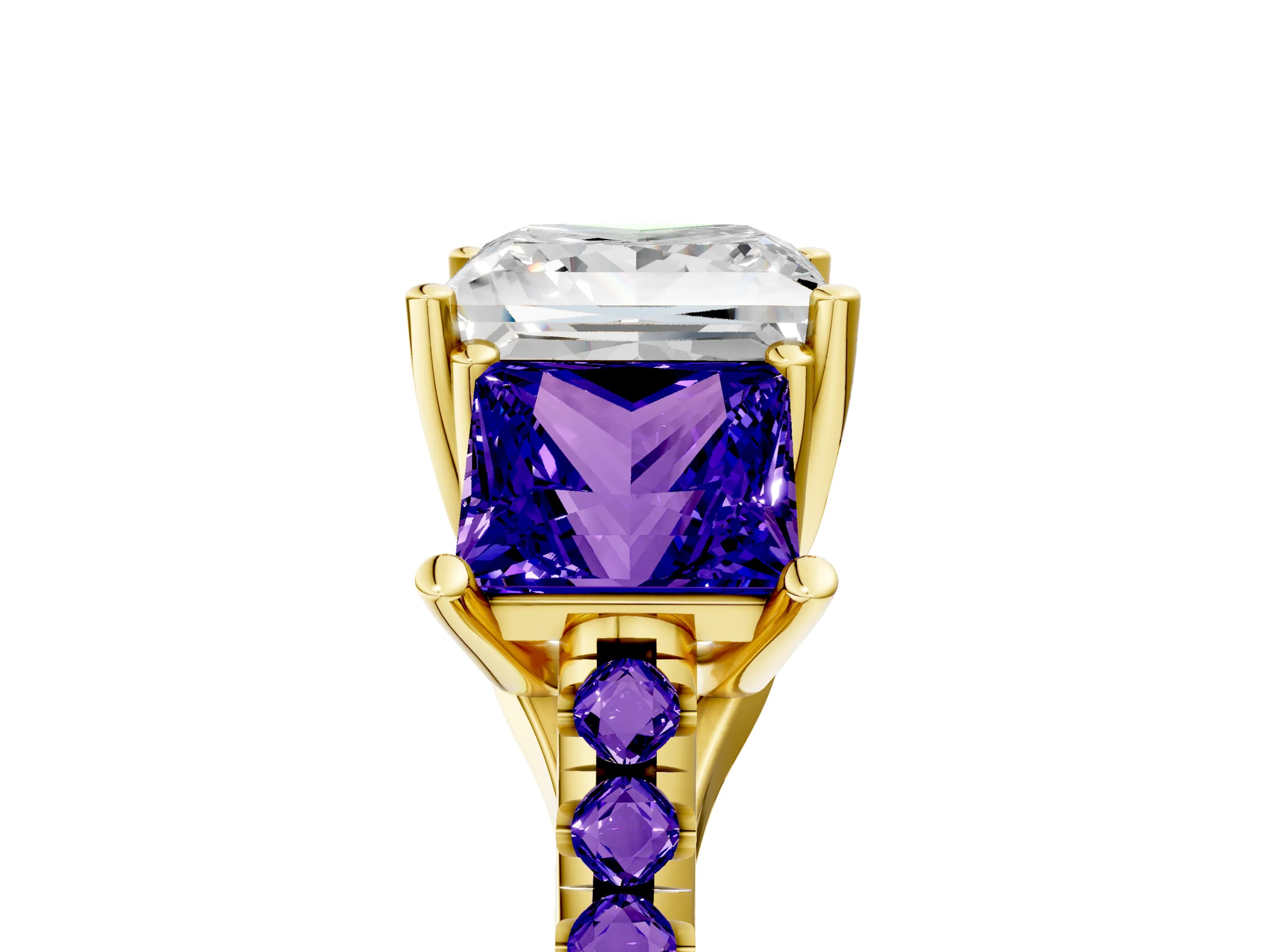 Yellow gold Three-Stone Princess Cut Diamond Ring with Round with Tanzanite side stone Pavé Band and Prong Setting_5