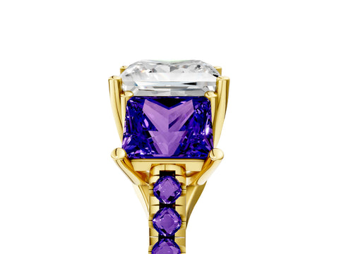 Yellow gold Three-Stone Princess Cut Diamond Ring with Round with Tanzanite side stone Pavé Band and Prong Setting_5