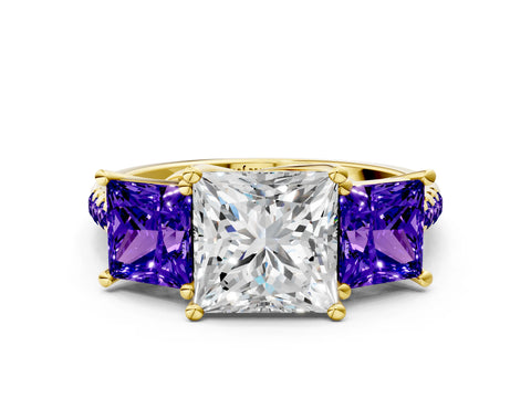 Yellow gold Three-Stone Princess Cut Diamond Ring with Round with Tanzanite side stone Pavé Band and Prong Setting