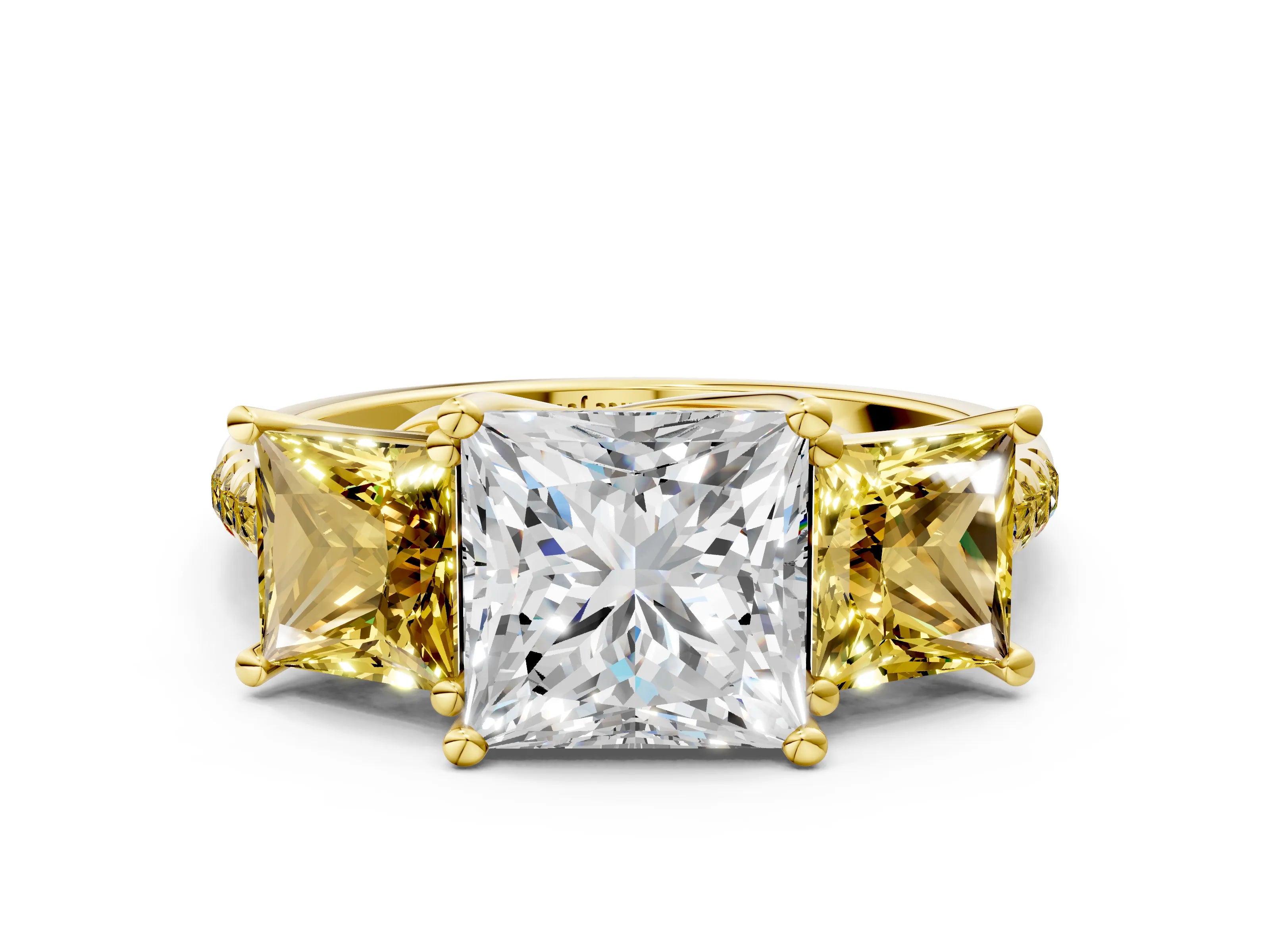 Yellow gold Three-Stone Princess Cut Diamond Ring with Round with Yellow Sapphire side stone Pavé Band and Prong Setting