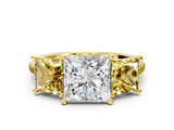Yellow gold Three-Stone Princess Cut Diamond Ring with Round with Yellow Sapphire side stone Pavé Band and Prong Setting
