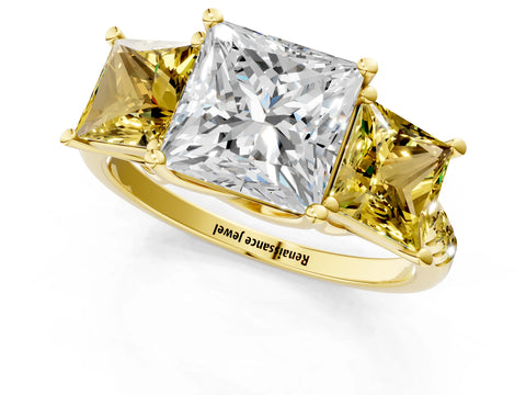 Yellow gold Three-Stone Princess Cut Diamond Ring with Round with Yellow Sapphire side stone Pavé Band and Prong Setting_1