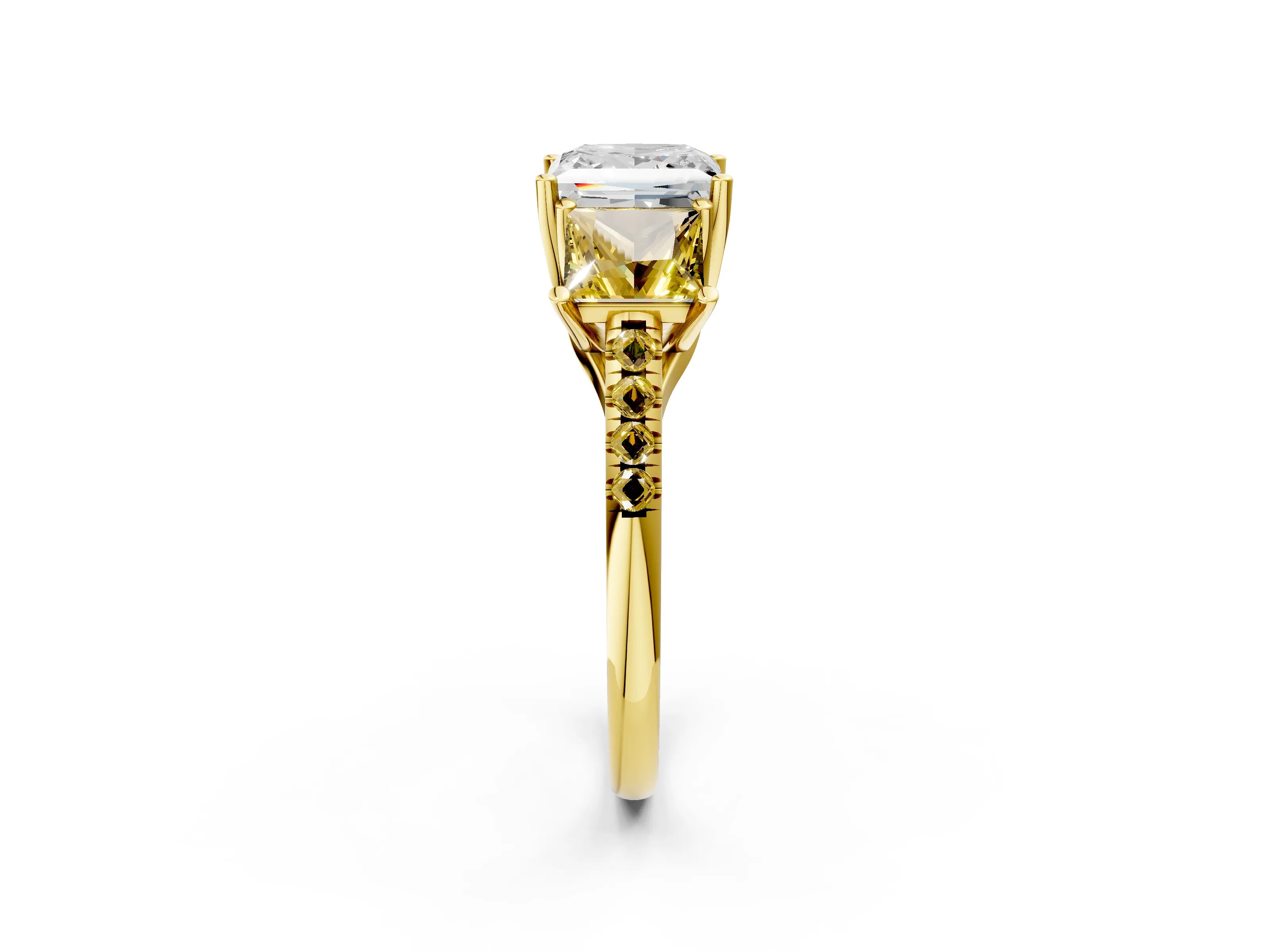 Yellow gold Three-Stone Princess Cut Diamond Ring with Round with Yellow Sapphire side stone Pavé Band and Prong Setting_2