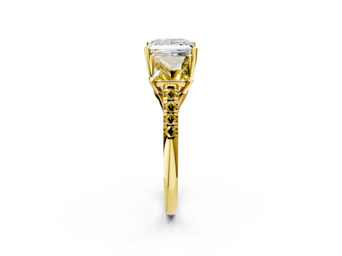 Yellow gold Three-Stone Princess Cut Diamond Ring with Round with Yellow Sapphire side stone Pavé Band and Prong Setting_2