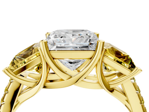 Yellow gold Three-Stone Princess Cut Diamond Ring with Round with Yellow Sapphire side stone Pavé Band and Prong Setting_4