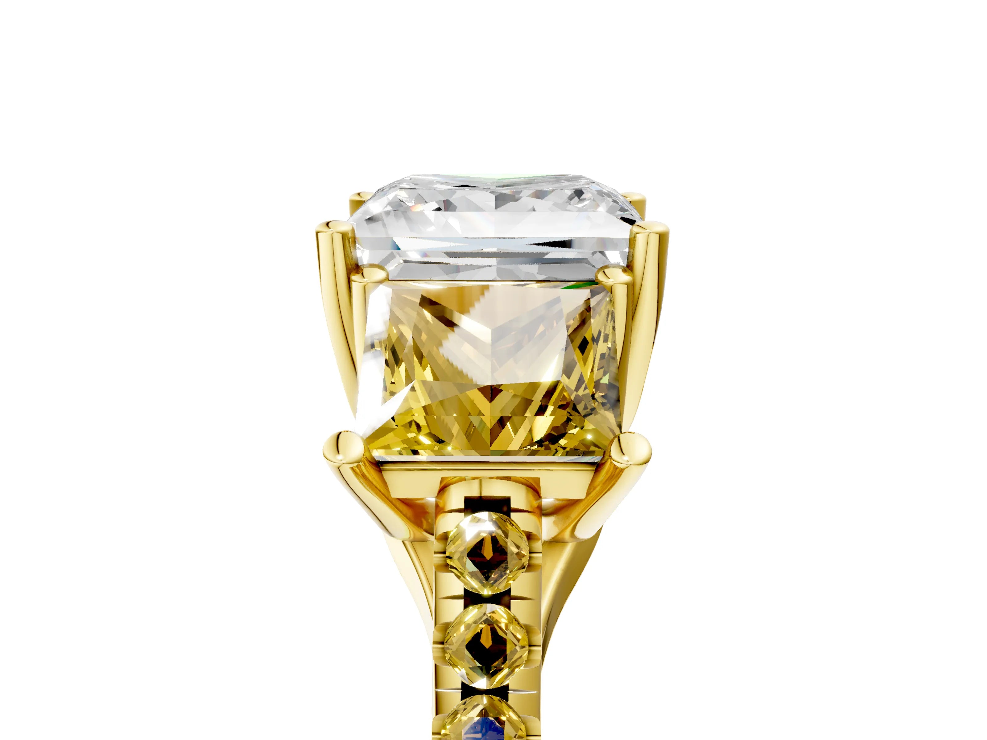 Yellow gold Three-Stone Princess Cut Diamond Ring with Round with Yellow Sapphire side stone Pavé Band and Prong Setting_5