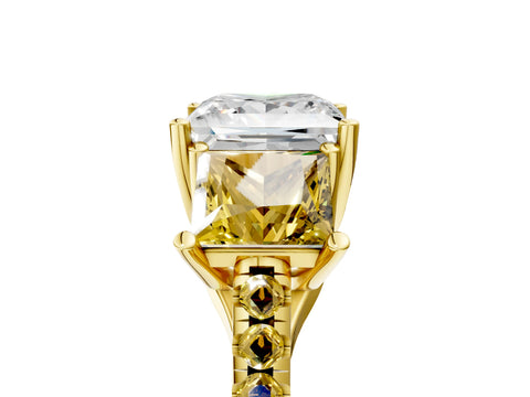 Yellow gold Three-Stone Princess Cut Diamond Ring with Round with Yellow Sapphire side stone Pavé Band and Prong Setting_5