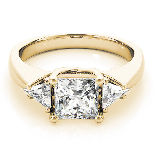 Yellow gold Three-Stone Princess Cut Diamond Ring with Trillion Side Stones and Four-Prong Setting 1