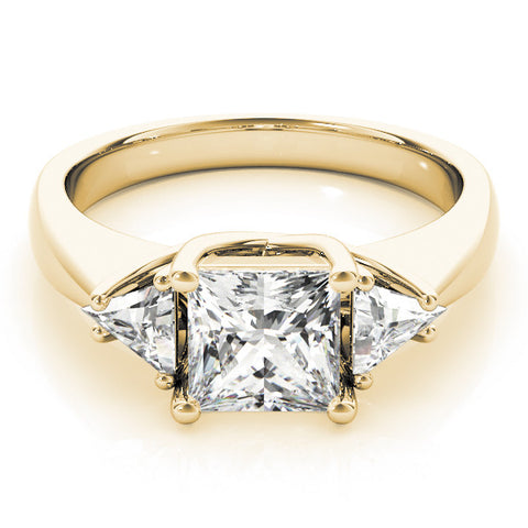 Yellow gold Three-Stone Princess Cut Diamond Ring with Trillion Side Stones and Four-Prong Setting 1
