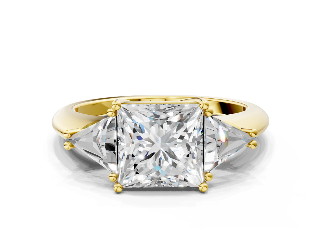 Yellow gold Three-Stone Princess Cut Diamond Ring with Trillion Side Stones and Four-Prong Setting_6