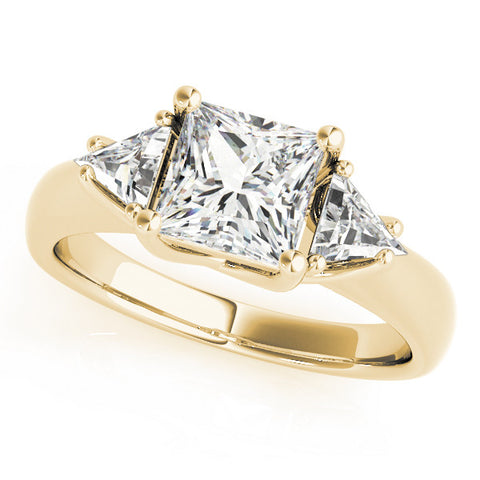 Yellow gold Three-Stone Princess Cut Diamond Ring with Trillion Side Stones and Four-Prong Setting