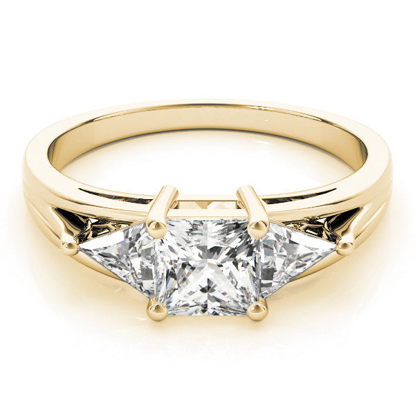 Yellow gold Three-Stone Princess Cut Diamond Ring with Trillion Side Stones on a Split Shank Band 1
